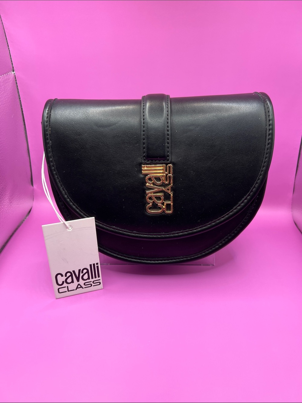 Cavalli Class Black Semi-Circle Leather Crossbody with Gold Logo - Picture 2 of 7